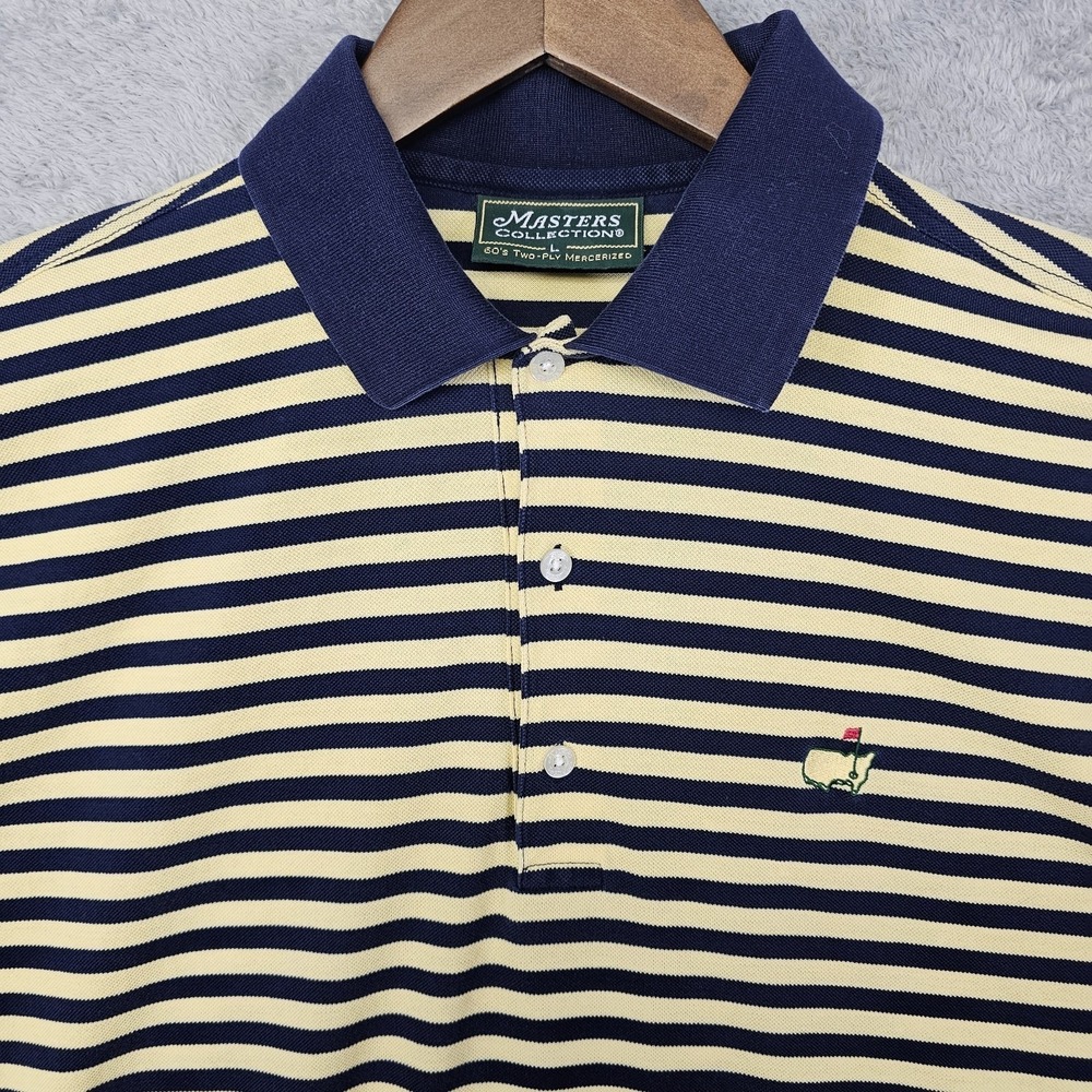 Masters Collection Golf Polo Men's‎ Large Navy Yellow Stripe Mercerized Cotton